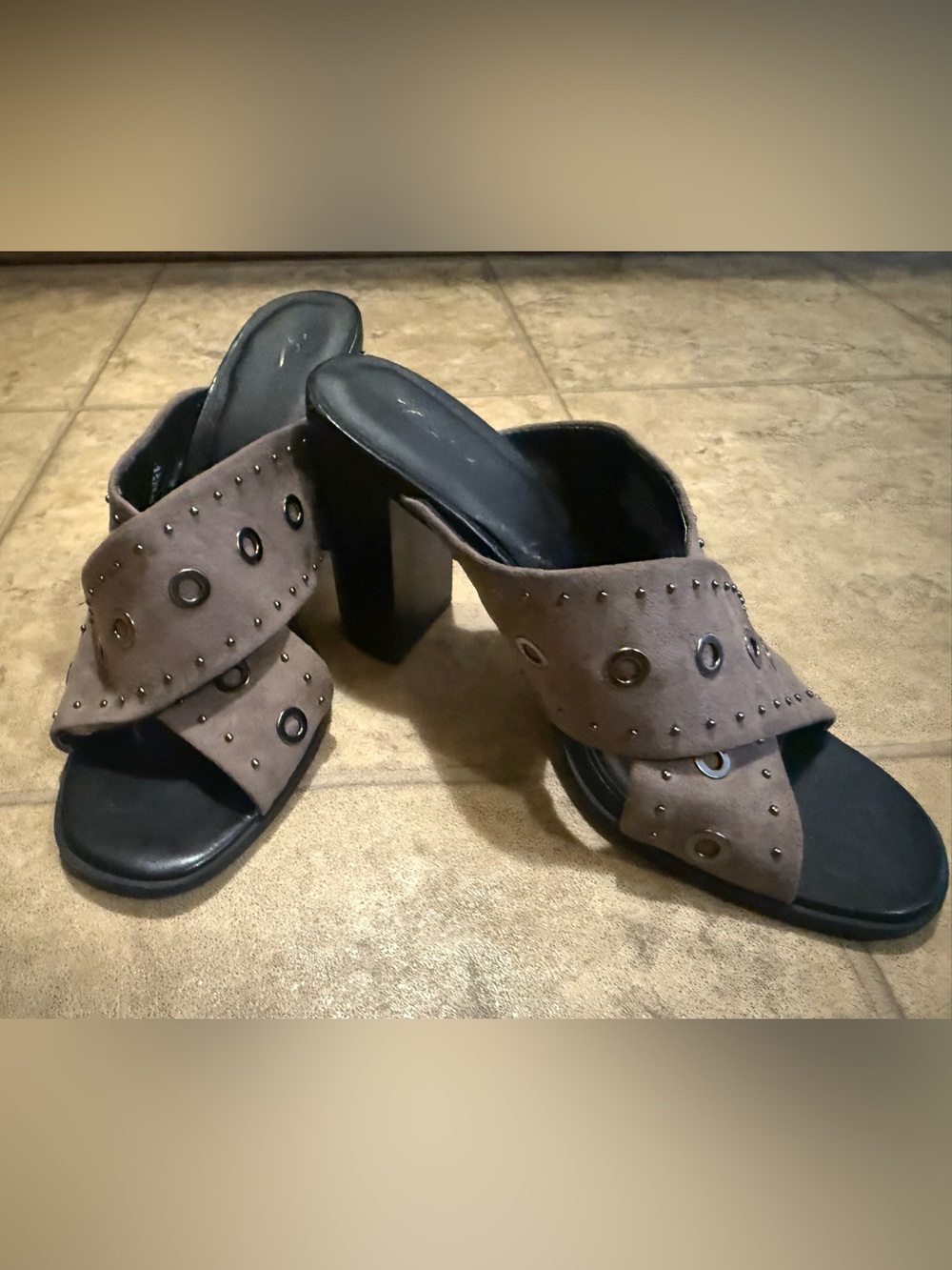 Vera Wang Taupe Suede Grommet Crisscross Block Heel Mules